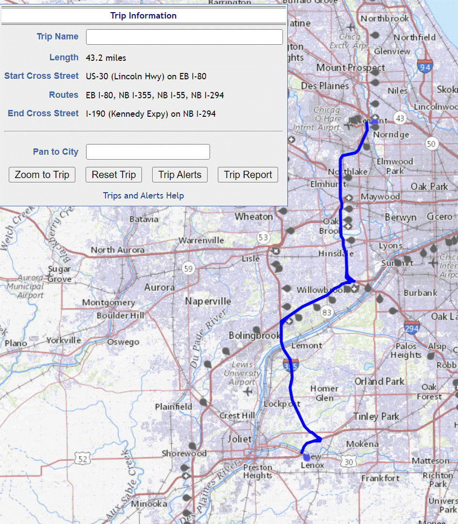 Trip Map with New Lenox to O'Hare trip